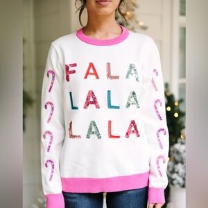 WHY DRESS Fa La La La Candy Cane Sequin Christmas Holiday Sweater White & Pink